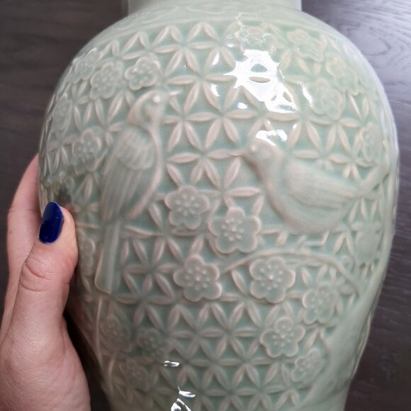 Wildwood Home Celadon Glazed Ginger Jar Lamp Base w/ Floral Fauna Engraving - Picture 4 of 12